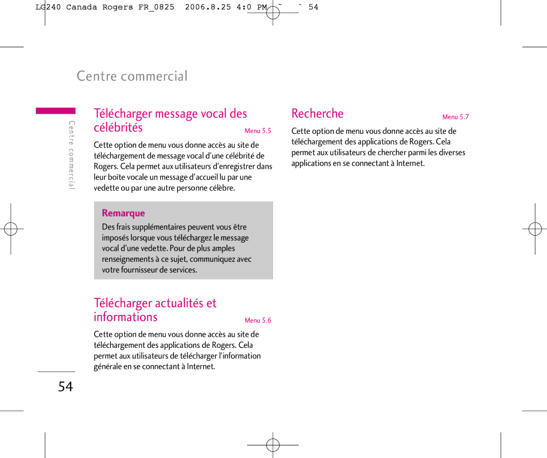 LG Electronics 240 manual Centre commercial, Télécharger message vocal des, Célébrités, Recherche 