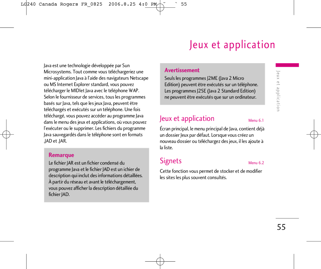 LG Electronics manual Jeux et application, LG240 Canada Rogers FR0825 2006.8.25 40 PM ˘`55, JAD et .JAR 