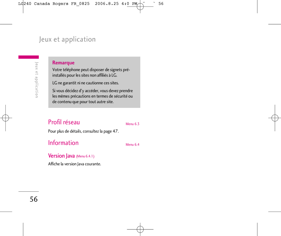 LG Electronics manual Jeux et application, Version Java Menu, LG240 Canada Rogers FR0825 2006.8.25 40 PM ˘`56 