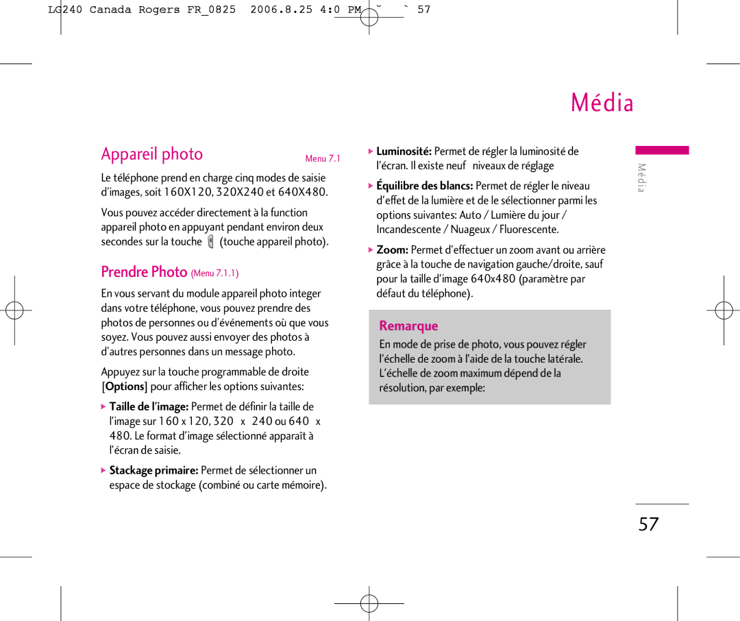 LG Electronics manual Média, Appareil photo, Prendre Photo Menu, LG240 Canada Rogers FR0825 2006.8.25 40 PM ˘`57 