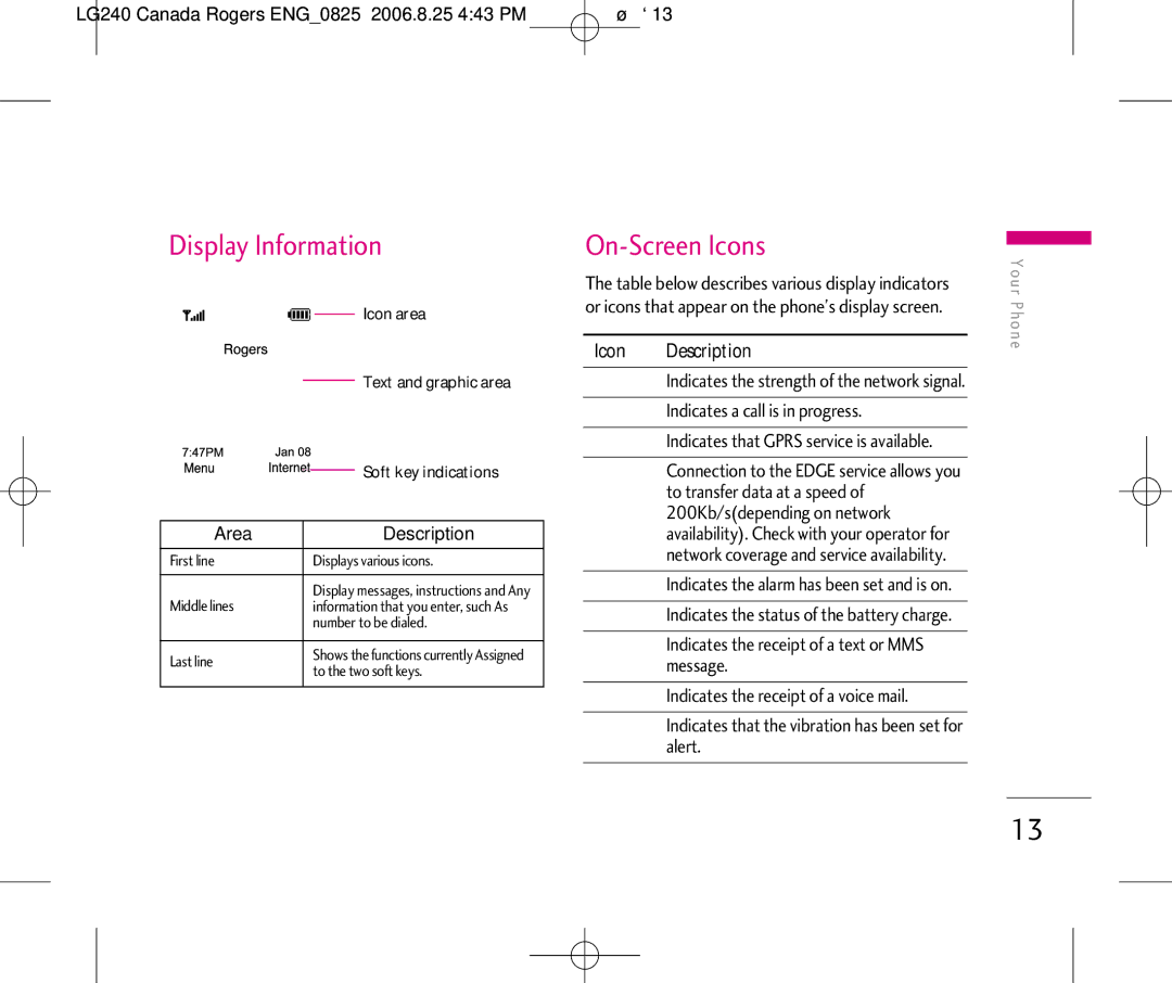 LG Electronics manual Display Information, On-Screen Icons, LG240 Canada Rogers ENG0825 2006.8.25 443 PM ˘`13 