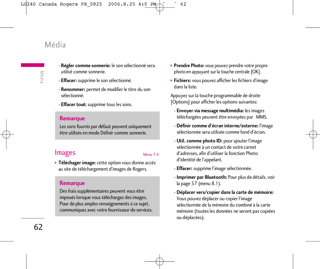 LG Electronics manual Images, LG240 Canada Rogers FR0825 2006.8.25 40 PM ˘`62, Utilisé comme sonnerie, Sélectionné 