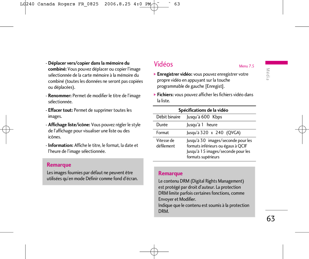 LG Electronics manual Vidéos, LG240 Canada Rogers FR0825 2006.8.25 40 PM ˘`63, Spécifications de la vidéo 