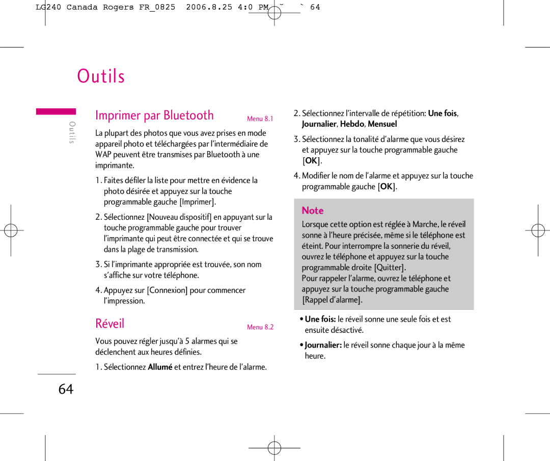 LG Electronics manual Outils, Imprimer par Bluetooth, Réveil, LG240 Canada Rogers FR0825 2006.8.25 40 PM ˘`64 