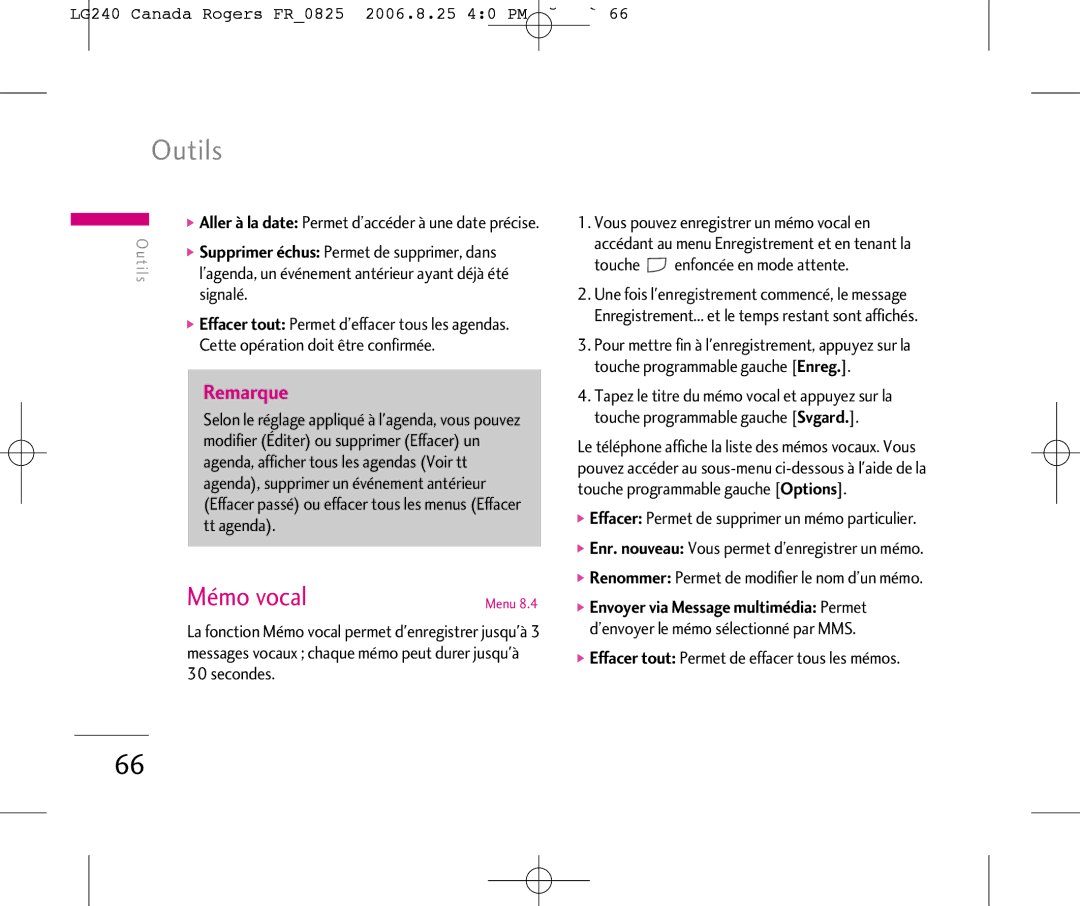 LG Electronics manual Outils, Mémo vocalMenu, LG240 Canada Rogers FR0825 2006.8.25 40 PM ˘`66 