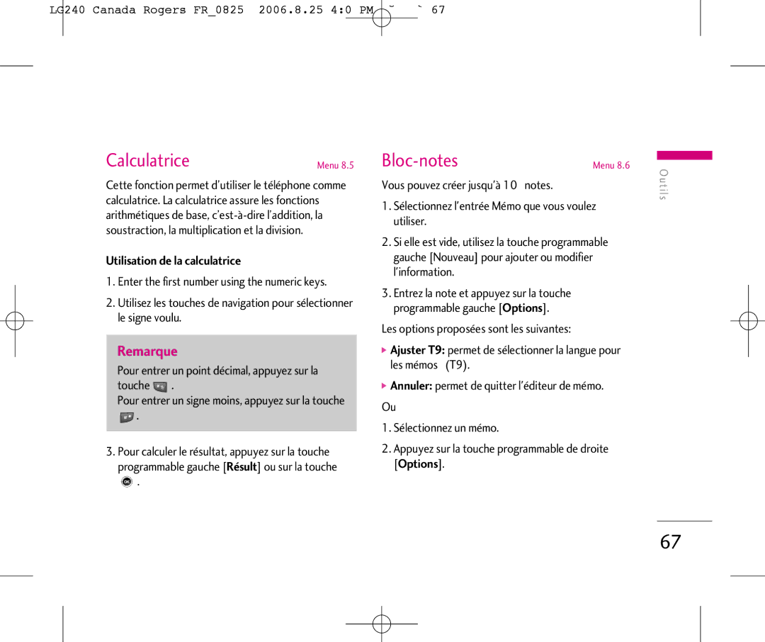 LG Electronics manual Calculatrice, Bloc-notes, LG240 Canada Rogers FR0825 2006.8.25 40 PM ˘`67 