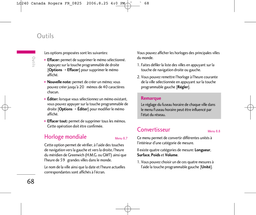 LG Electronics manual Horloge mondiale, Convertisseur, LG240 Canada Rogers FR0825 2006.8.25 40 PM ˘`68 