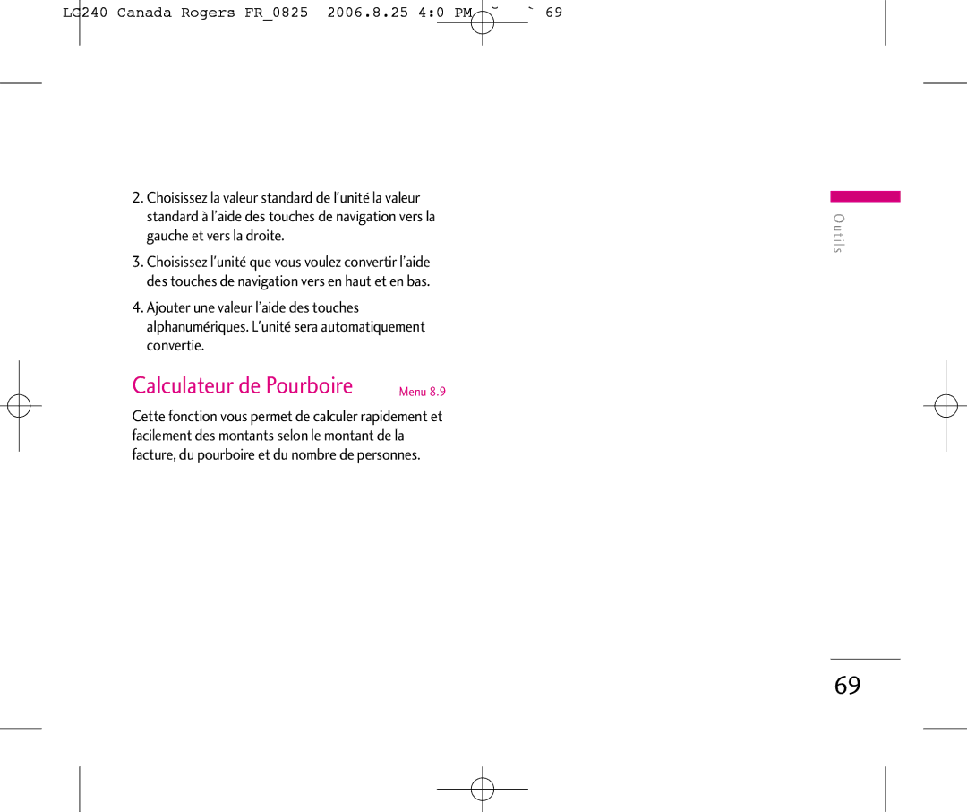 LG Electronics manual Calculateur de Pourboire, LG240 Canada Rogers FR0825 2006.8.25 40 PM ˘`69 