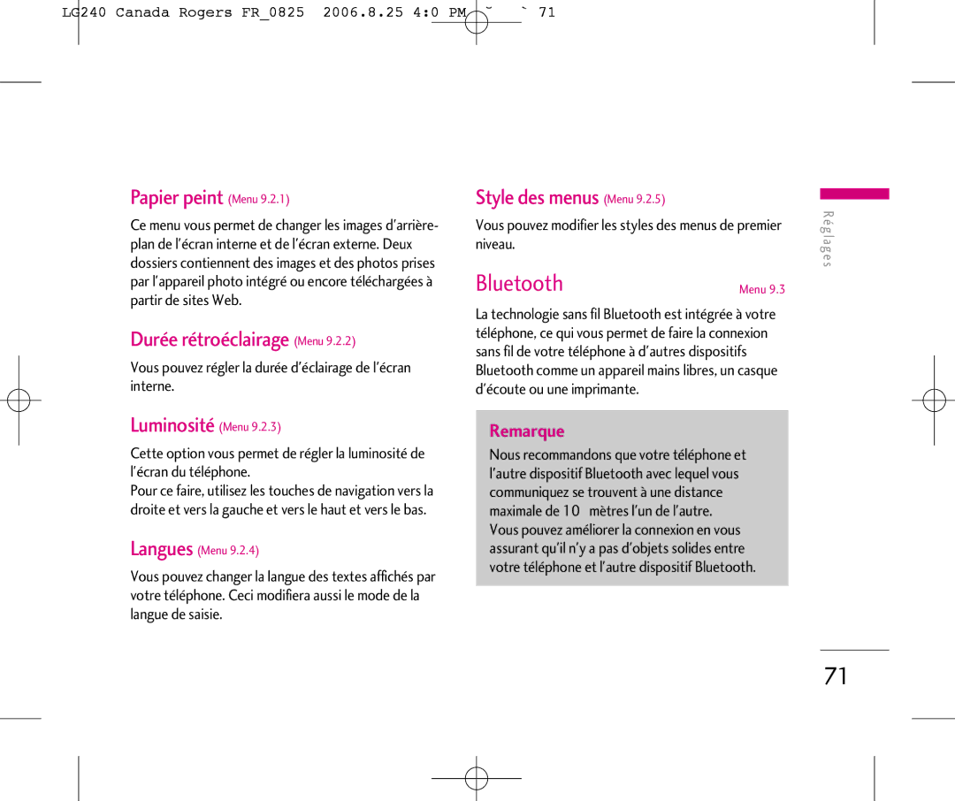 LG Electronics 240 manual Papier peint Menu, Durée rétroéclairage Menu, Style des menus Menu 