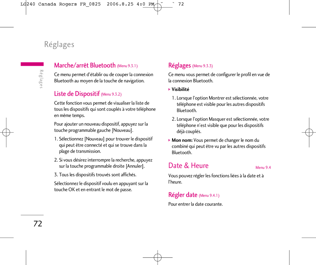 LG Electronics 240 manual Réglages, Date & Heure, Marche/arrêt Bluetooth Menu, Liste de Dispositif Menu, Régler date Menu 