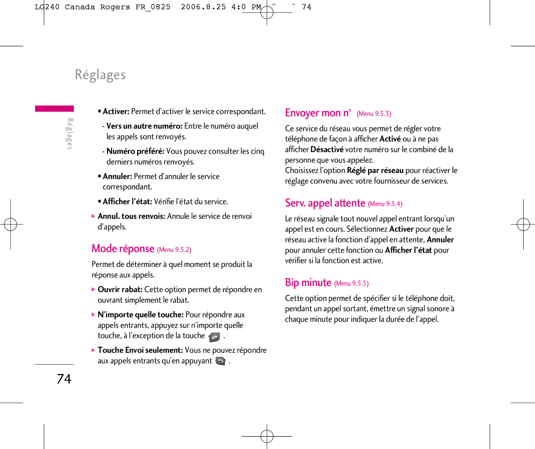 LG Electronics 240 manual Mode réponse Menu, Envoyer mon n˚ Menu, Serv. appel attente Menu 