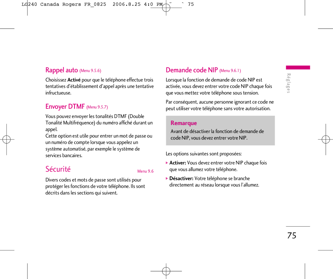 LG Electronics 240 manual Sécurité, Rappel auto Menu, Envoyer Dtmf Menu, Demande code NIP Menu 