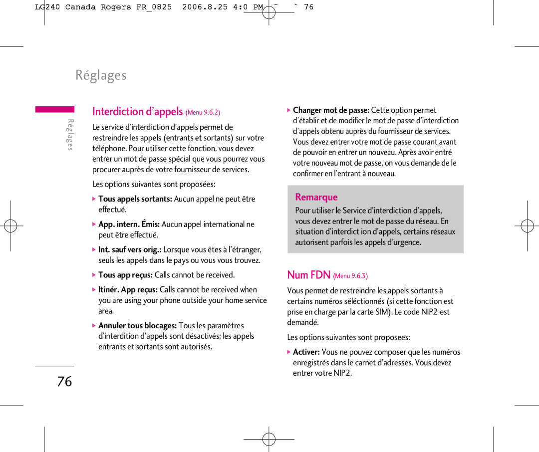 LG Electronics manual Interdiction d’appels Menu, LG240 Canada Rogers FR0825 2006.8.25 40 PM ˘`76 