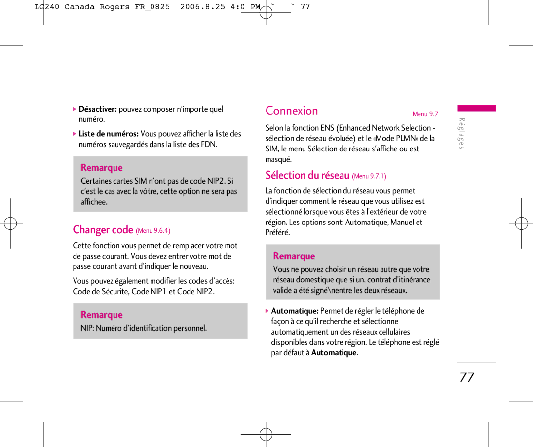 LG Electronics Connexion, Changer code Menu, Sélection du réseau Menu, LG240 Canada Rogers FR0825 2006.8.25 40 PM ˘`77 