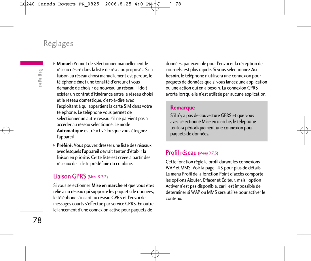 LG Electronics manual Liaison Gprs Menu, Profil réseau Menu, LG240 Canada Rogers FR0825 2006.8.25 40 PM ˘`78 