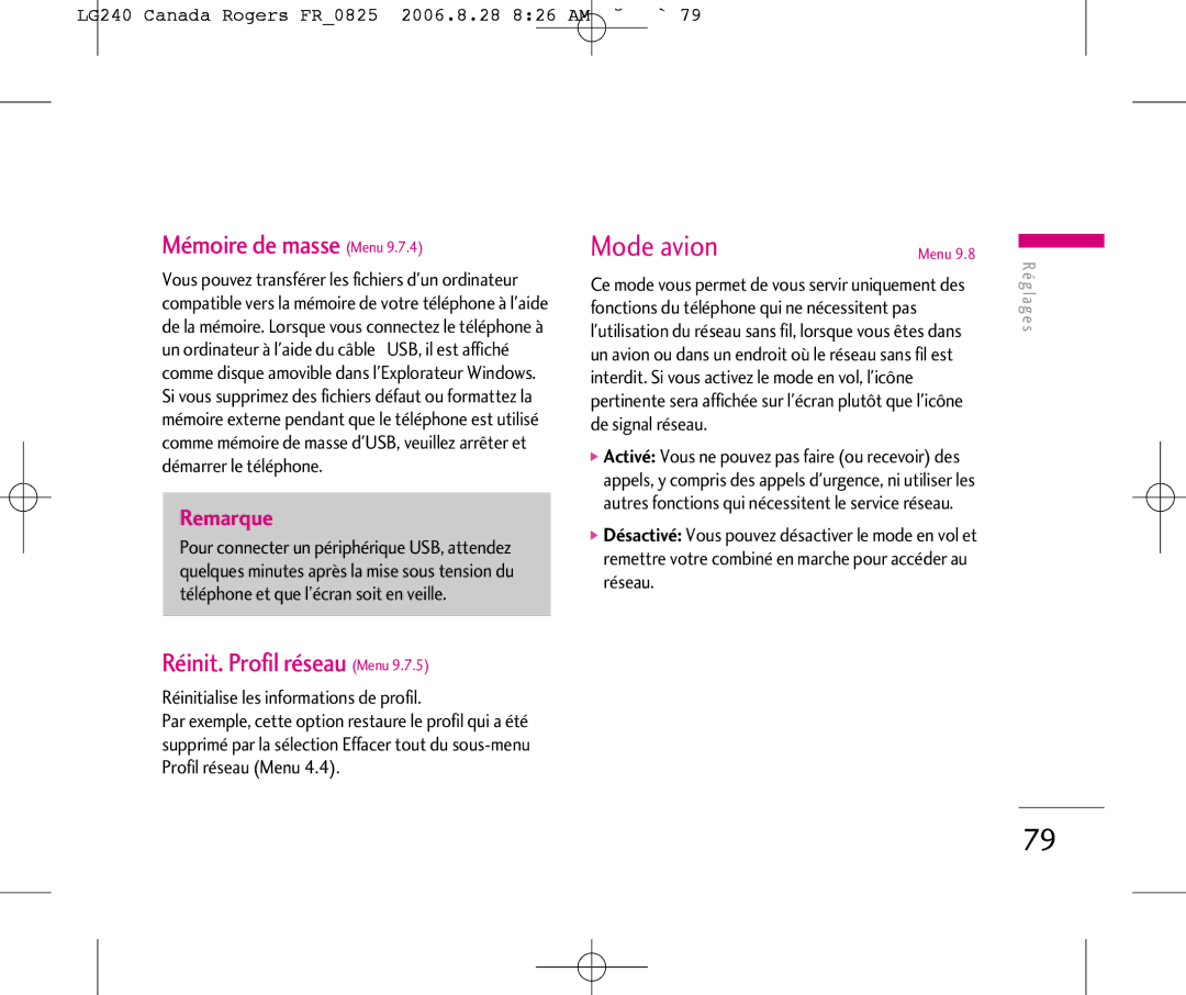 LG Electronics 240 manual Mode avion, Mémoire de masse Menu, Réinit. Profil réseau Menu 