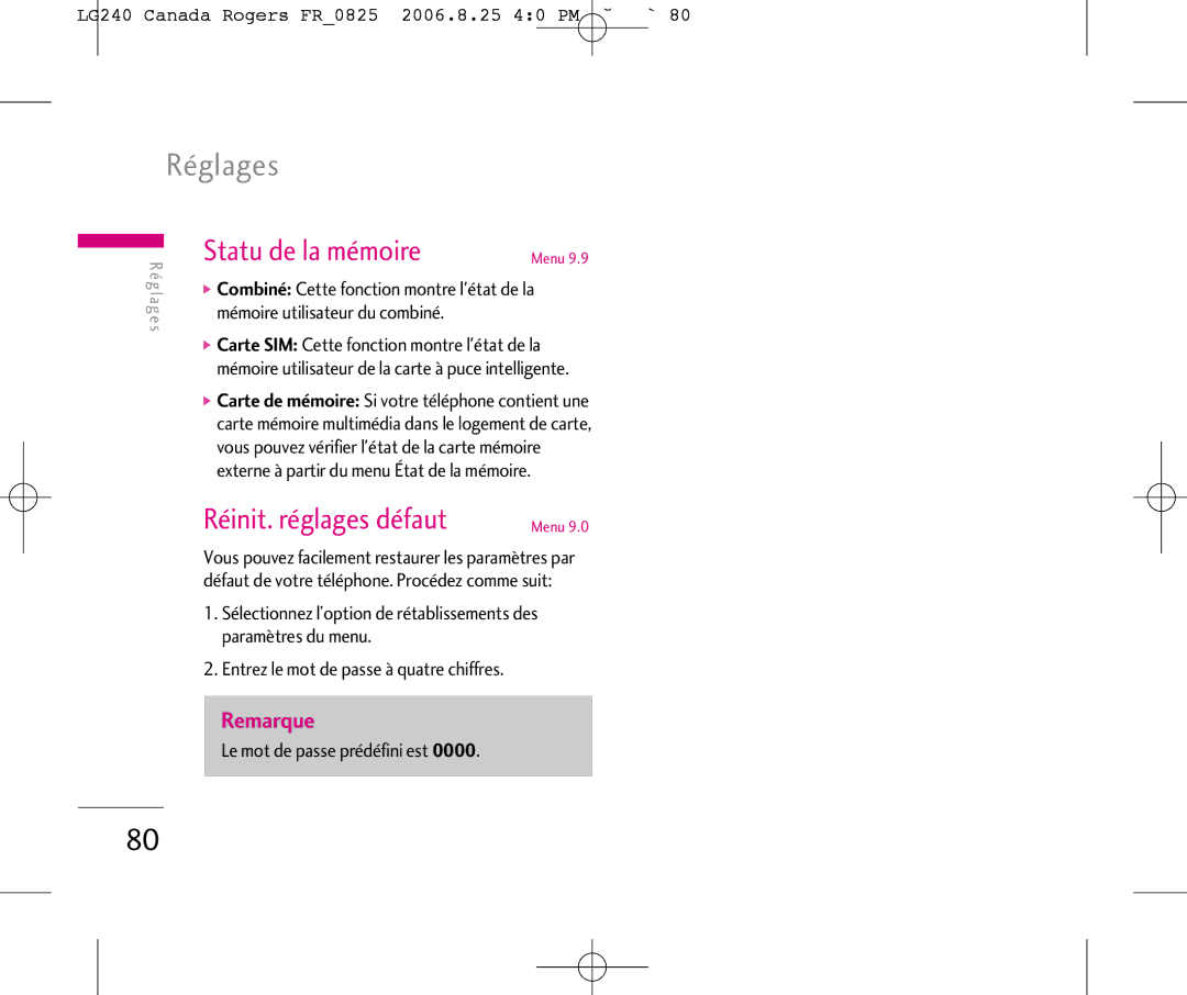 LG Electronics manual Statu de la mémoire, Réinit. réglages défaut, LG240 Canada Rogers FR0825 2006.8.25 40 PM ˘`80 