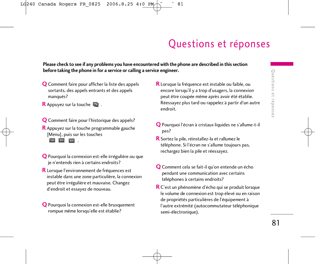 LG Electronics manual Questions et réponses, LG240 Canada Rogers FR0825 2006.8.25 40 PM ˘`81 