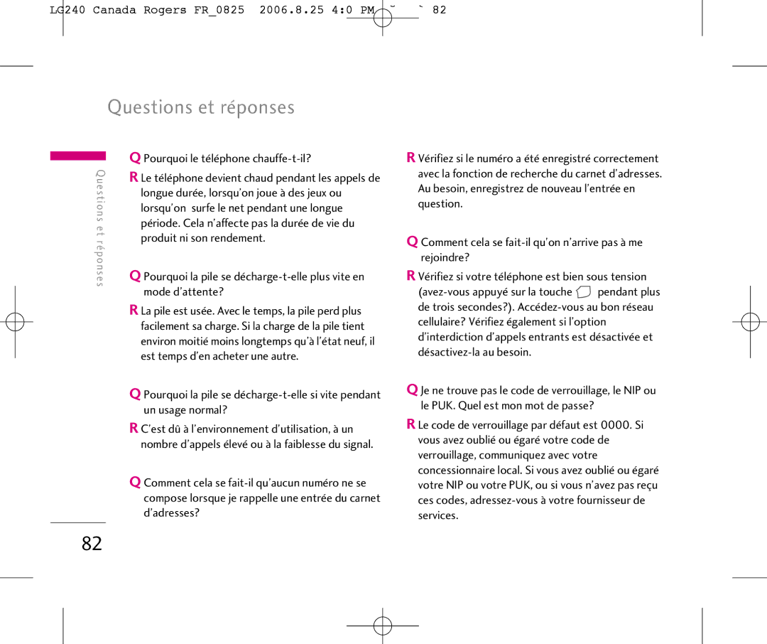 LG Electronics manual Questions et réponses, LG240 Canada Rogers FR0825 2006.8.25 40 PM ˘`82 