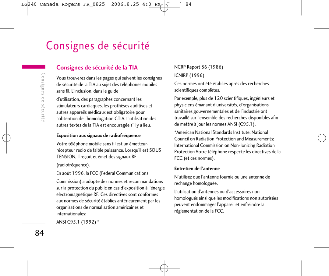 LG Electronics manual Consignes de sécurité, LG240 Canada Rogers FR0825 2006.8.25 40 PM ˘`84, Entretien de l’antenne 