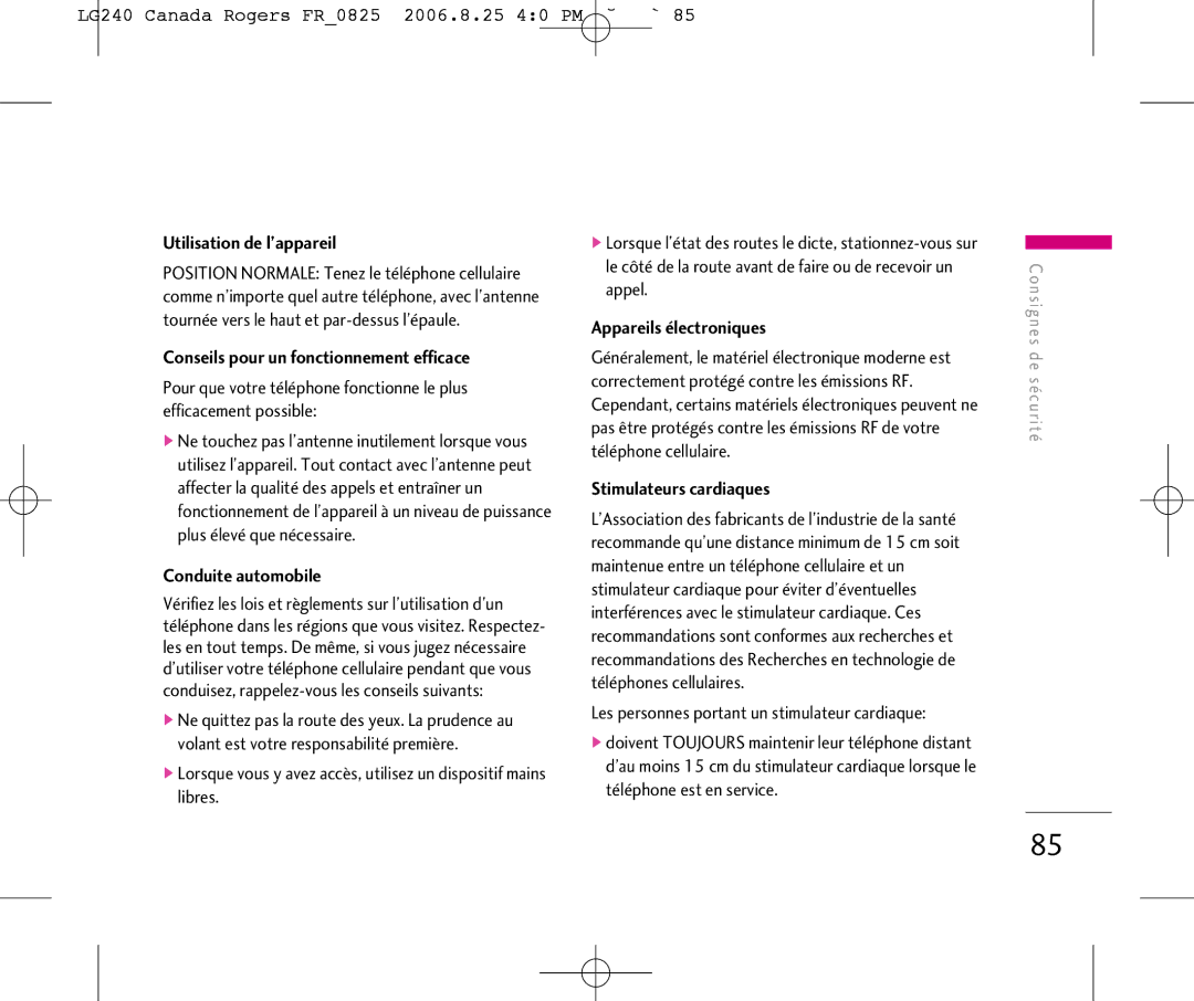 LG Electronics 240 manual Utilisation de l’appareil, Conseils pour un fonctionnement efficace, Conduite automobile 