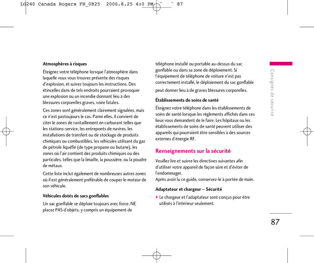LG Electronics LG240 Canada Rogers FR0825 2006.8.25 40 PM ˘`87, Atmosphères à risques, Adaptateur et chargeur Sécurité 