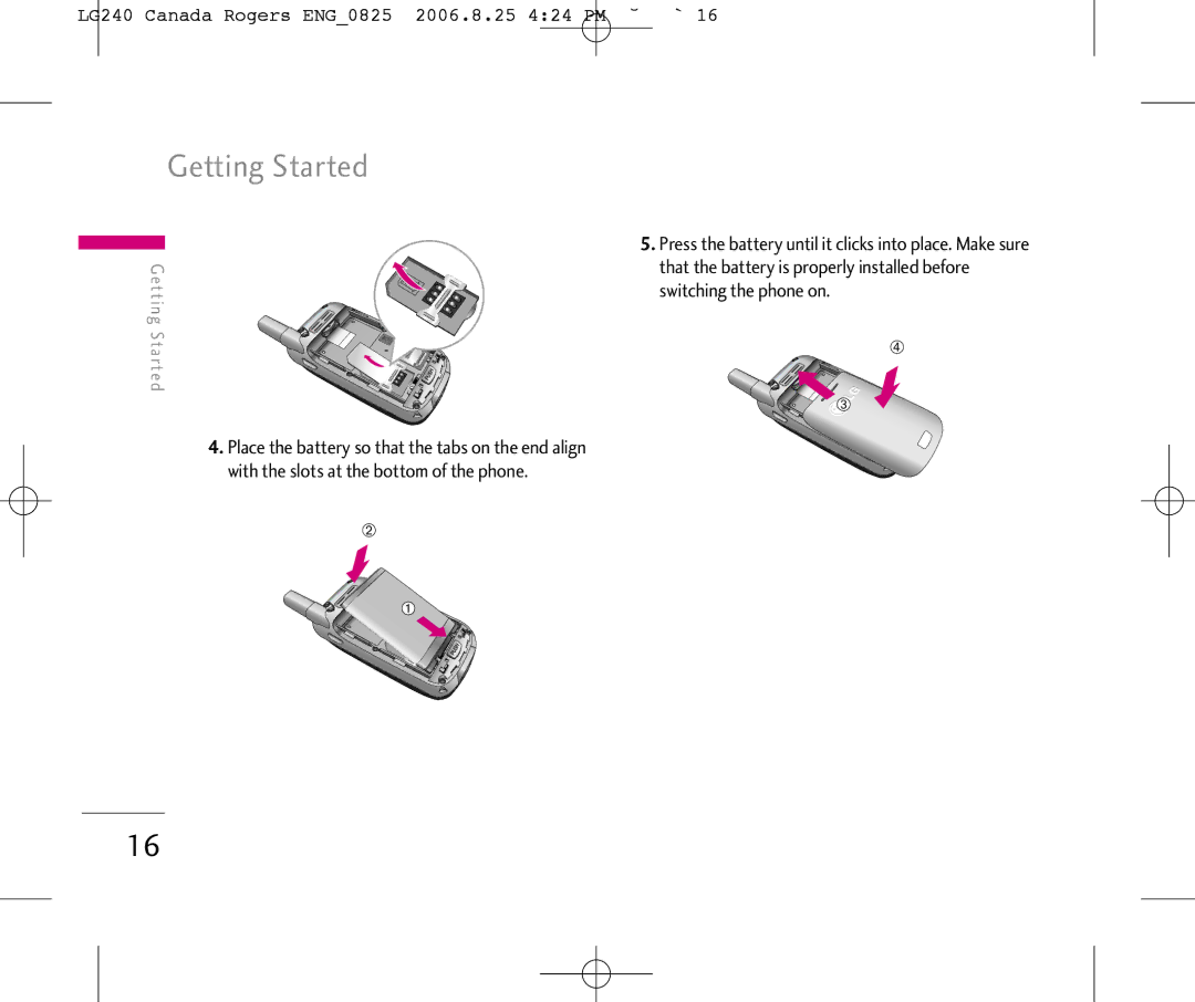 LG Electronics manual Getting Started, LG240 Canada Rogers ENG0825 2006.8.25 424 PM ˘`16 