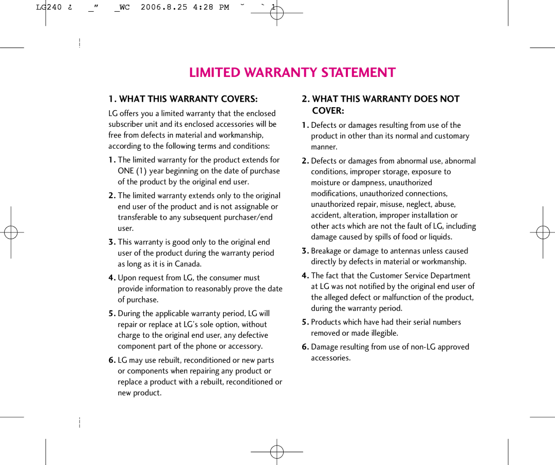 LG Electronics manual Limited Warranty Statement, LG240 ¿WC 2006.8.25 428 PM ˘`1 