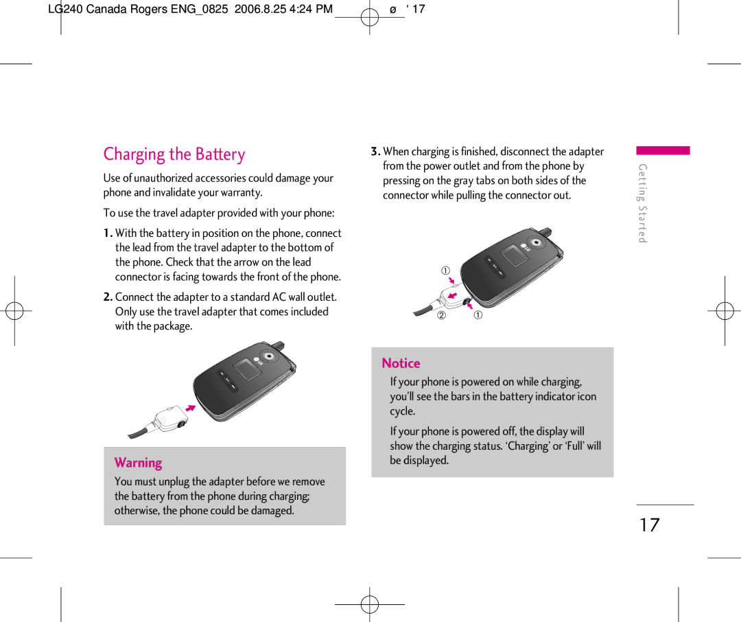 LG Electronics manual Charging the Battery, LG240 Canada Rogers ENG0825 2006.8.25 424 PM ˘`17 