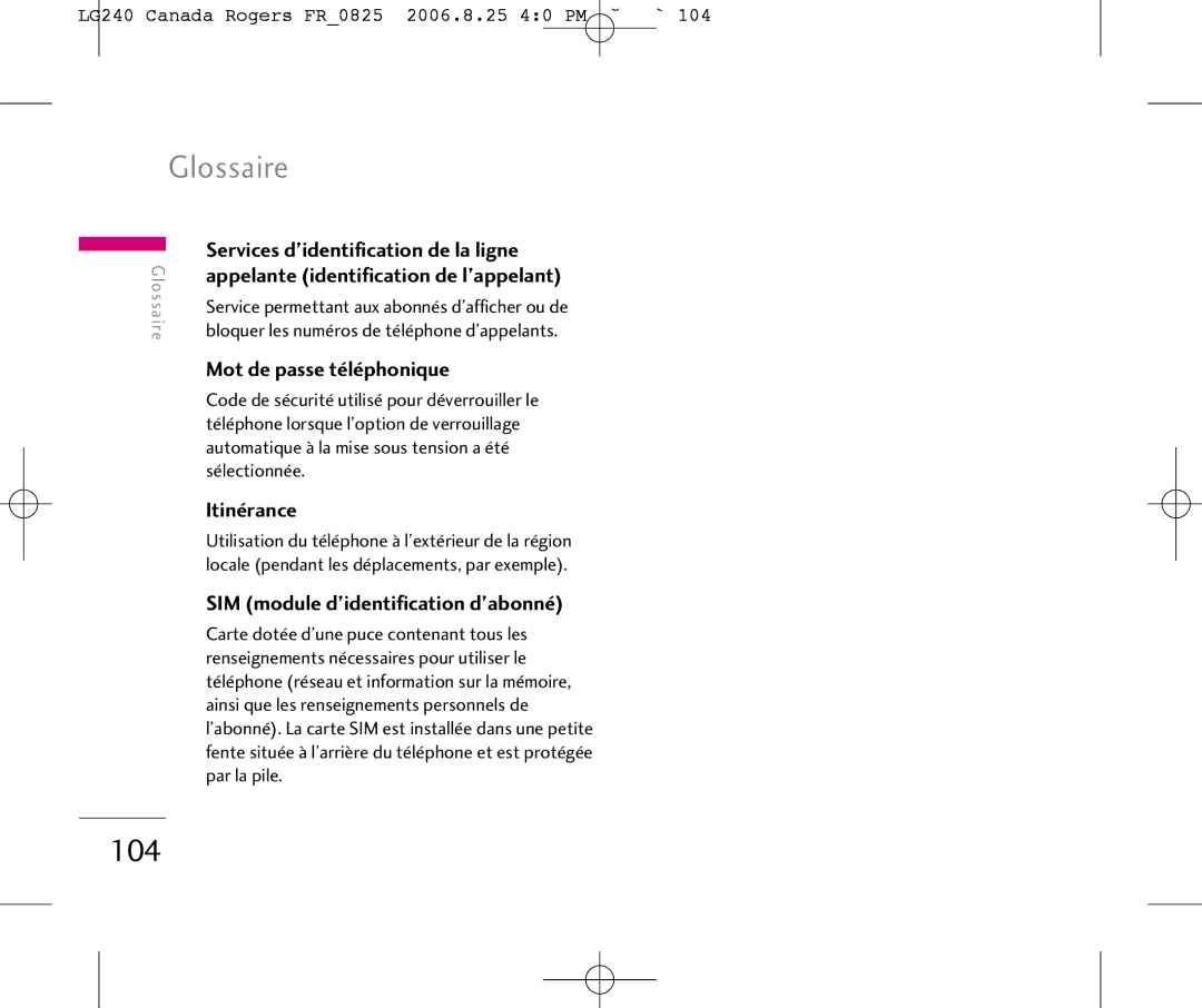 LG Electronics manual Glossaire, LG240 Canada Rogers FR0825 2006.8.25 40 PM ˘`104 