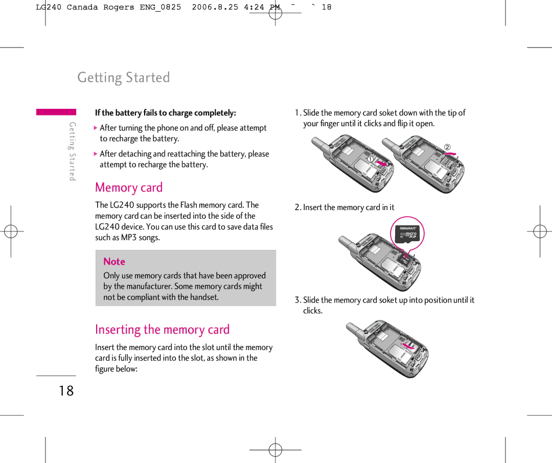 LG Electronics manual Memory card, Inserting the memory card, LG240 Canada Rogers ENG0825 2006.8.25 424 PM ˘`18 