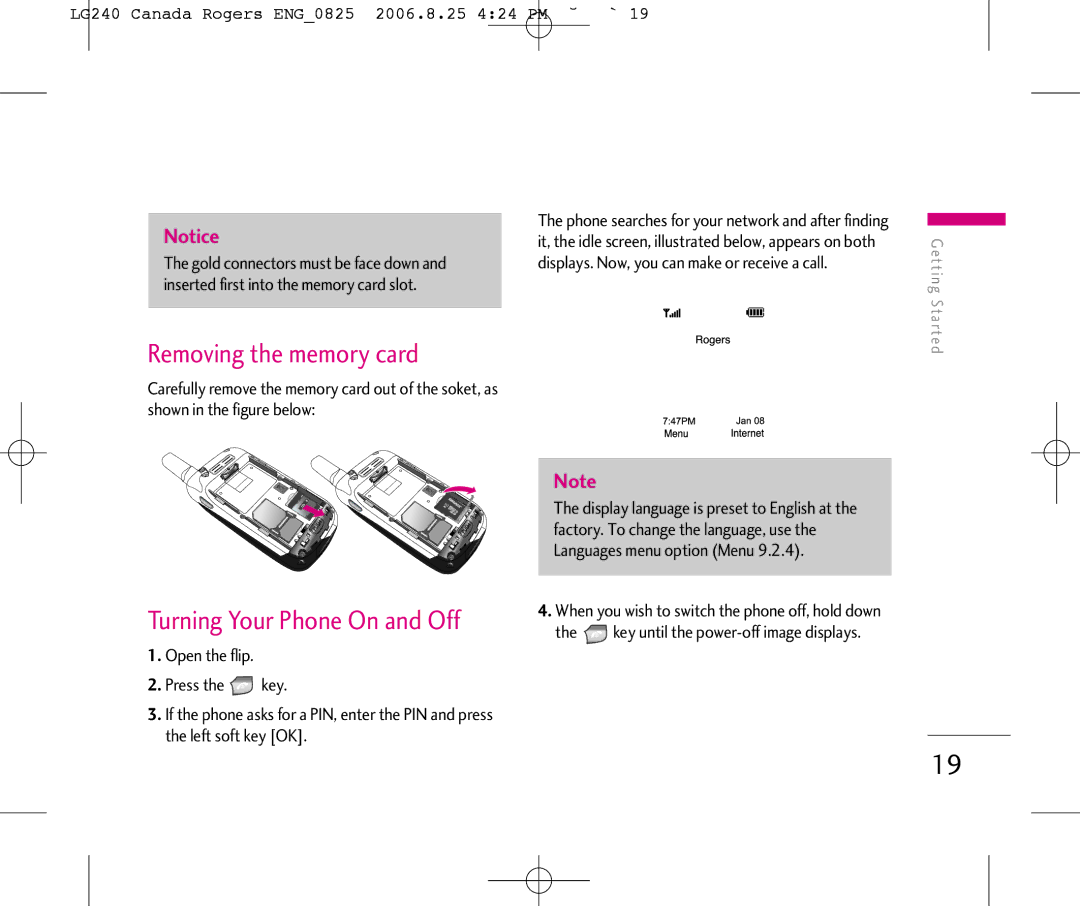 LG Electronics 240 manual Removing the memory card, Turning Your Phone On and Off 