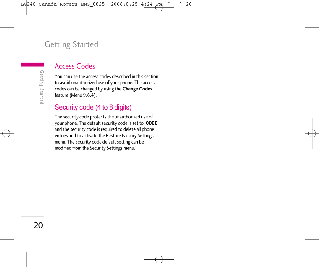 LG Electronics manual Access Codes, Security code 4 to 8 digits, LG240 Canada Rogers ENG0825 2006.8.25 424 PM ˘`20 