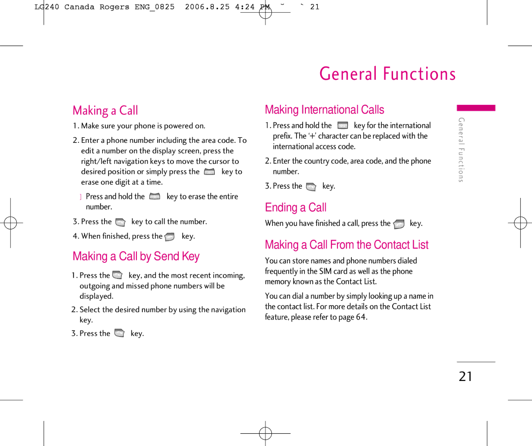 LG Electronics 240 manual General Functions, Making a Call 