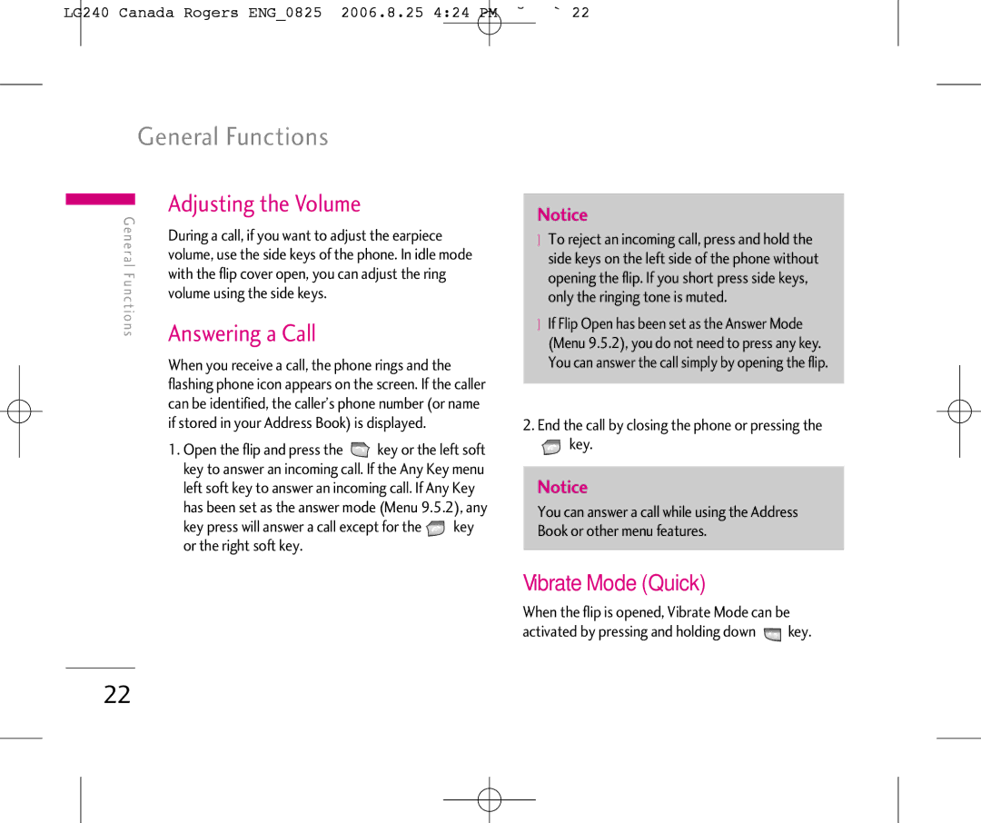 LG Electronics 240 manual General Functions, Adjusting the Volume, Answering a Call, Vibrate Mode Quick 