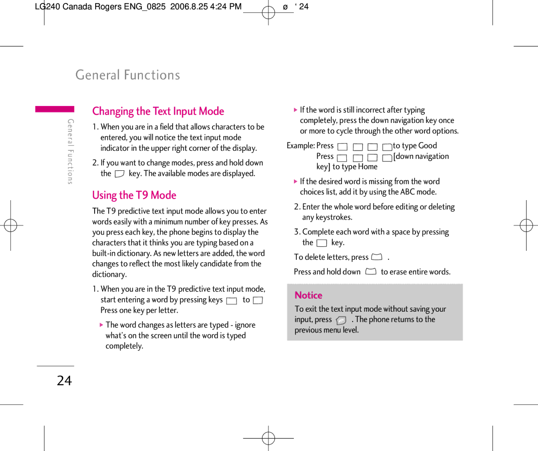 LG Electronics manual Changing the Text Input Mode, Using the T9 Mode, LG240 Canada Rogers ENG0825 2006.8.25 424 PM ˘`24 