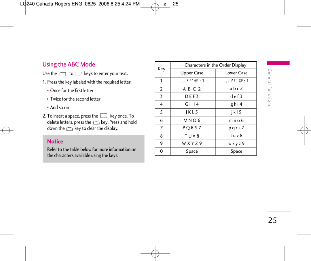 LG Electronics manual Using the ABC Mode, LG240 Canada Rogers ENG0825 2006.8.25 424 PM ˘`25, ? ! @ 