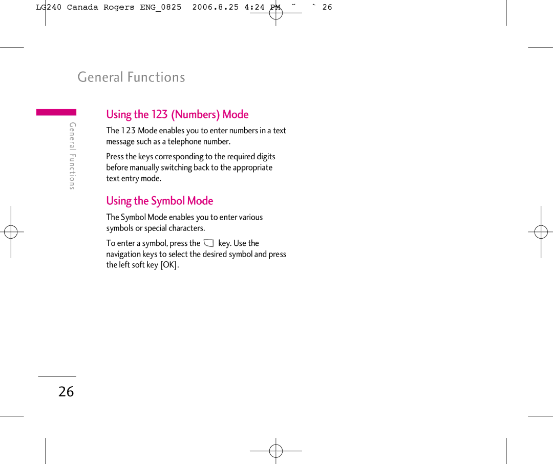 LG Electronics Using the 123 Numbers Mode, Using the Symbol Mode, LG240 Canada Rogers ENG0825 2006.8.25 424 PM ˘`26 