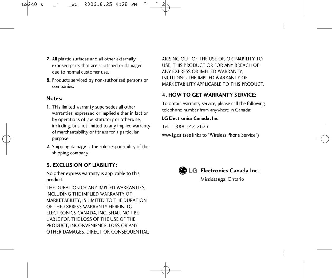 LG Electronics manual LG240 ¿WC 2006.8.25 428 PM ˘`2, No other express warranty is applicable to this product, Tel 