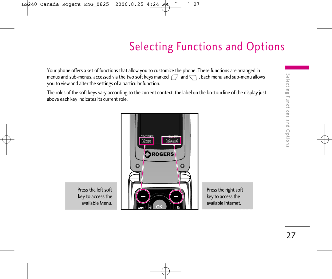 LG Electronics manual Selecting Functions and Options, LG240 Canada Rogers ENG0825 2006.8.25 424 PM ˘`27 