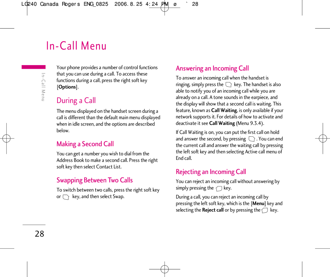 LG Electronics 240 manual In-Call Menu, During a Call 