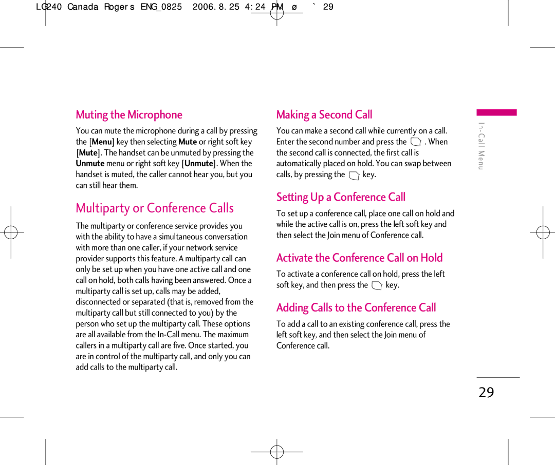 LG Electronics 240 manual Multiparty or Conference Calls, Muting the Microphone, Setting Up a Conference Call 