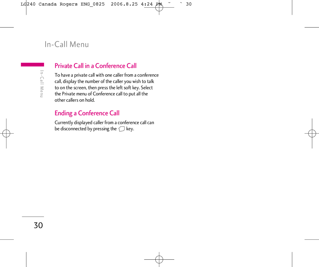 LG Electronics 240 manual In-Call Menu, Private Call in a Conference Call, Ending a Conference Call 