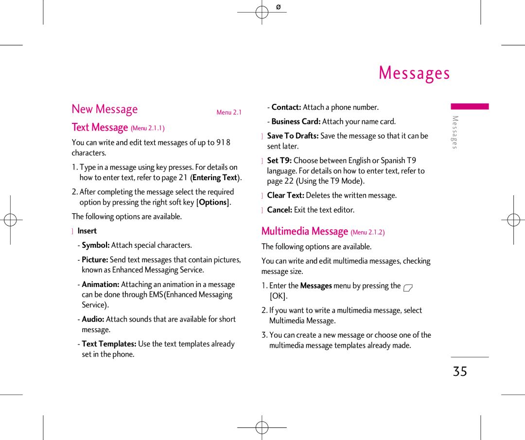LG Electronics 240 manual Messages, New Message, Text Message Menu, Multimedia Message Menu, Insert 