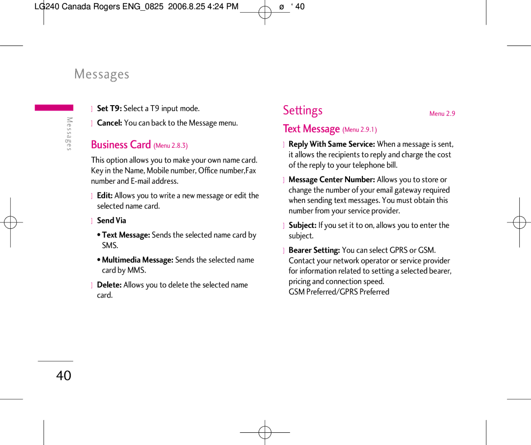 LG Electronics manual Settings, Business Card Menu, LG240 Canada Rogers ENG0825 2006.8.25 424 PM ˘`40 