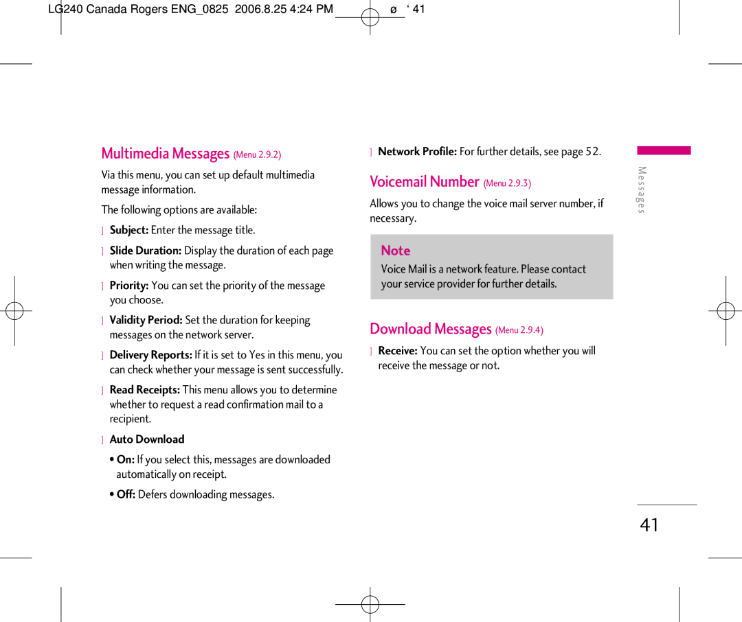 LG Electronics 240 manual Multimedia Messages Menu, Voicemail Number Menu, Download Messages Menu, Auto Download 