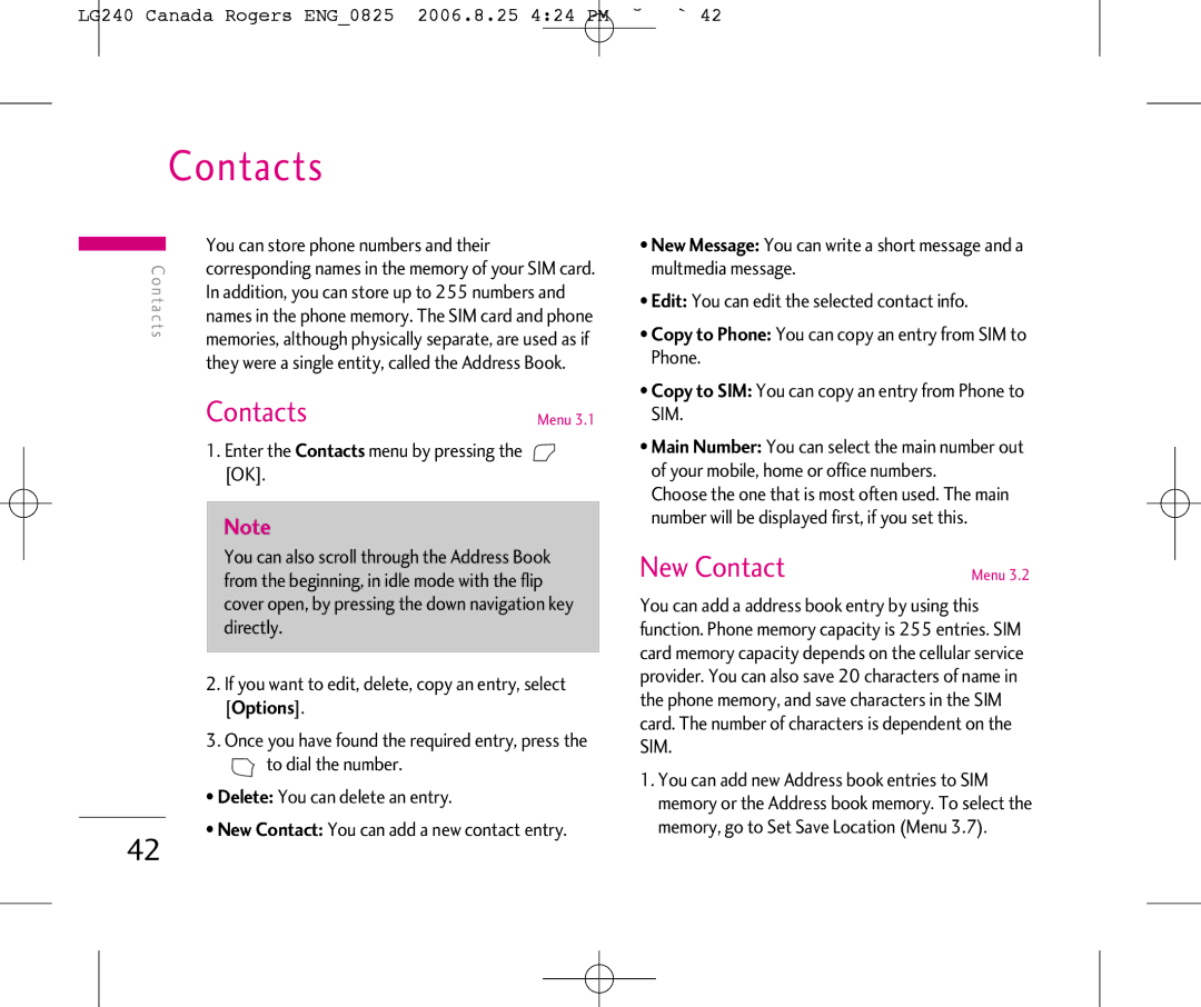 LG Electronics manual Contacts, New Contact, LG240 Canada Rogers ENG0825 2006.8.25 424 PM ˘`42 