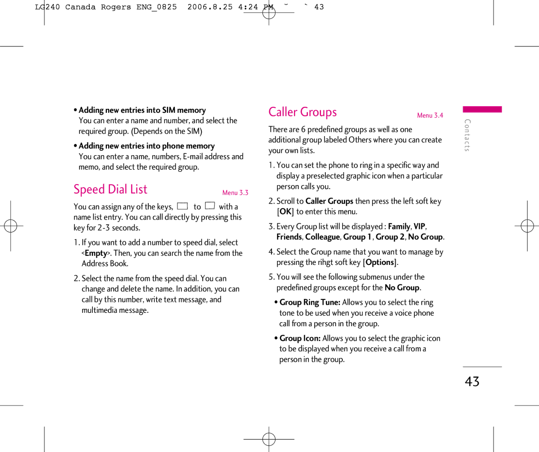 LG Electronics manual Speed Dial List, Caller Groups, LG240 Canada Rogers ENG0825 2006.8.25 424 PM ˘`43 