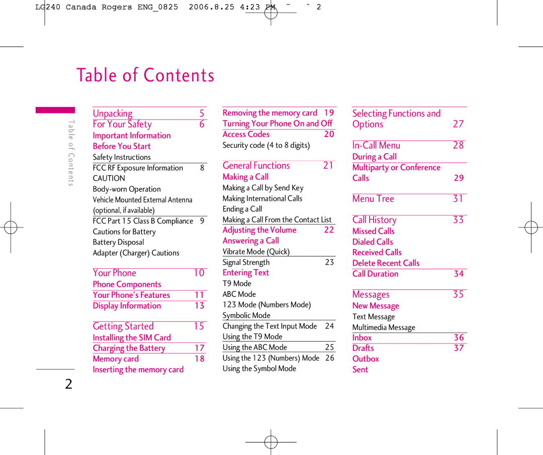 LG Electronics 240 manual Table of Contents 