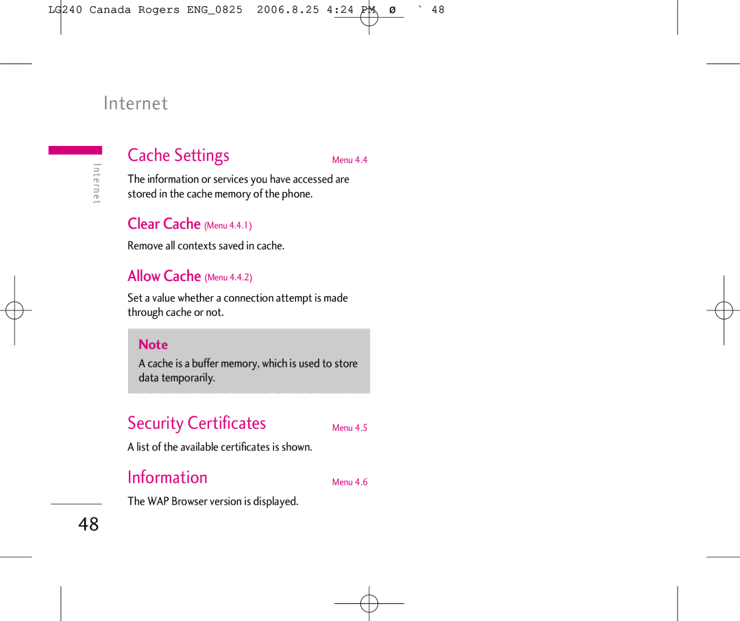 LG Electronics 240 manual Internet, Cache Settings, Security Certificates, Clear Cache Menu, Allow Cache Menu 